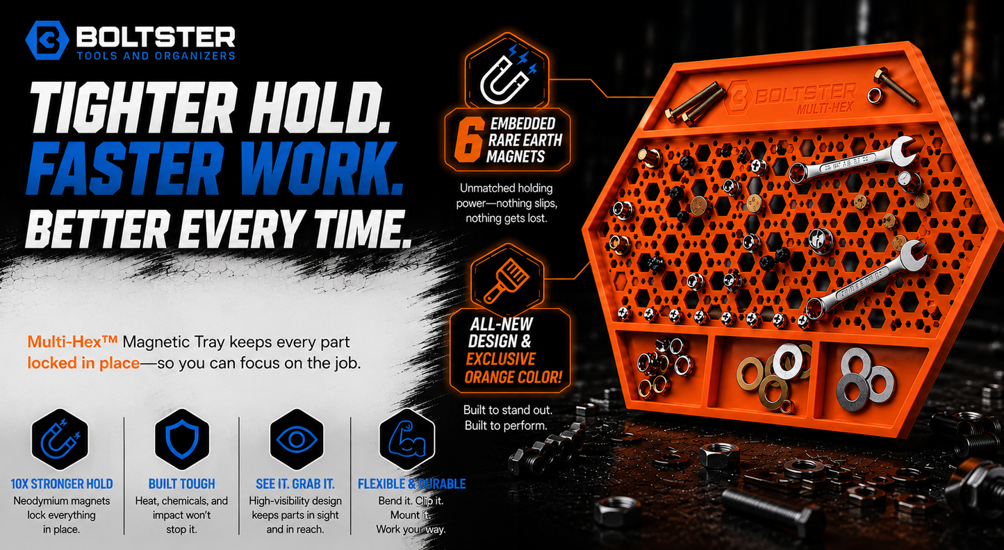 COMING SOON BOLTSTER MULTI-HEX® — Magnetic Fastener & Small Parts Organizing Tray