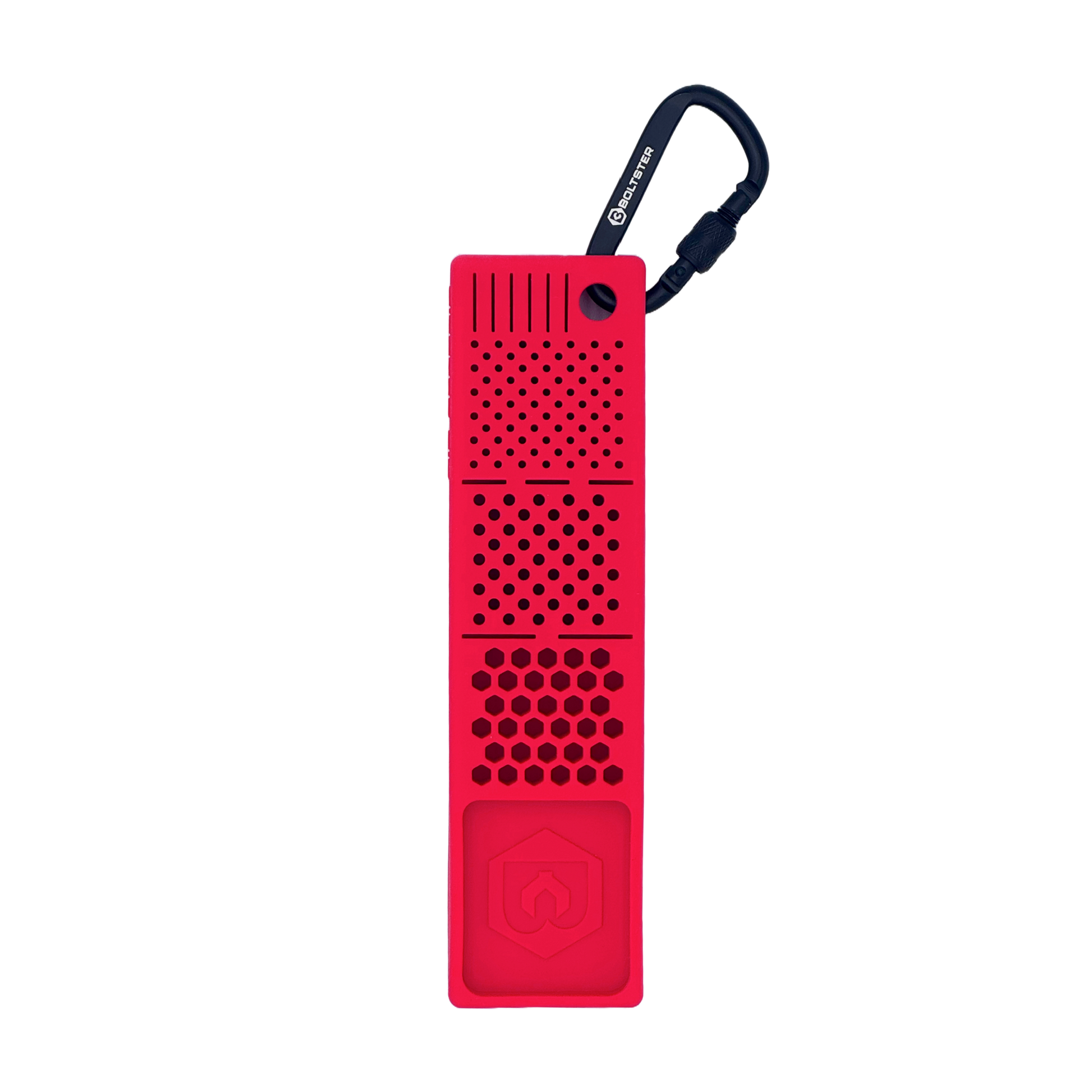 A red Bitster 2.0 tool storage and organization device with a silicone body and a metal bit holder on top.