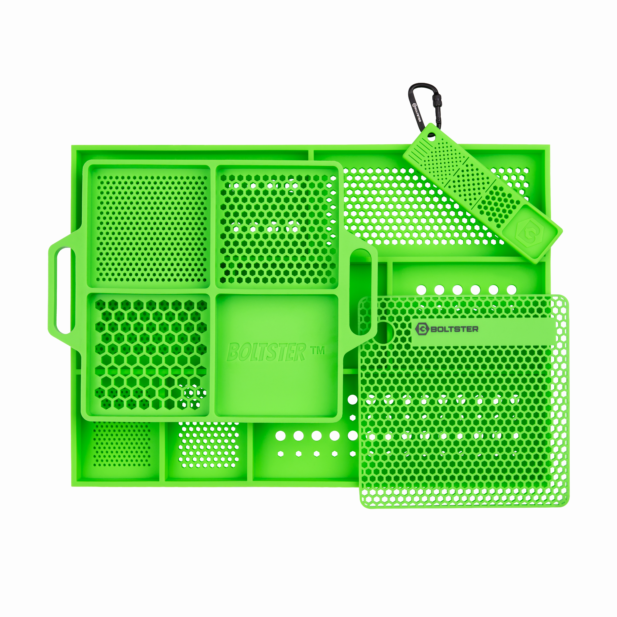 Green mesh mat with multiple compartments and a carrying handle on a white background