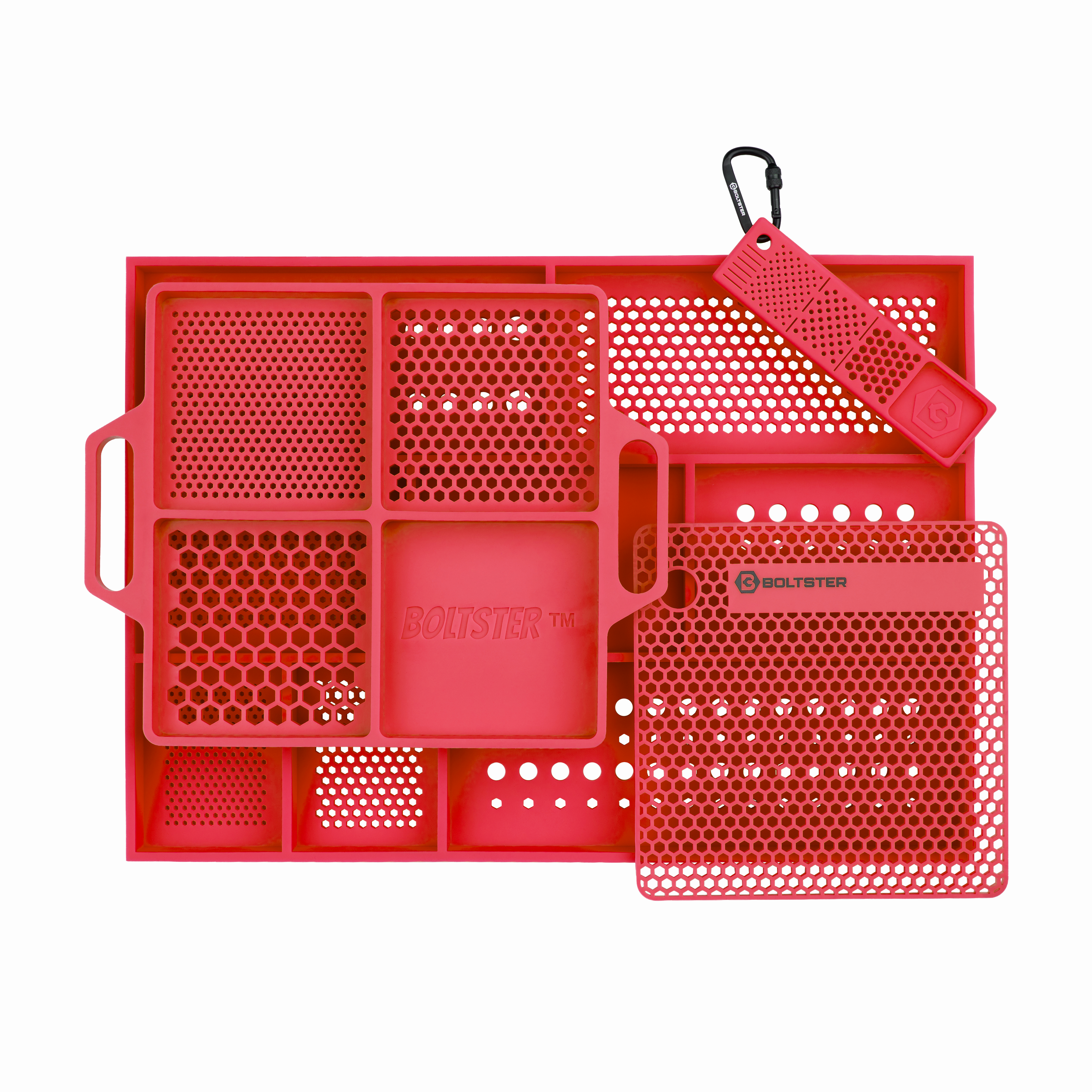 Red plastic tray with compartments and a carabiner on a white background